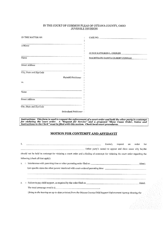 Motion For Contempt And Affidavit - Court Of Common Pleas Of Ottawa County, Ohio Printable pdf