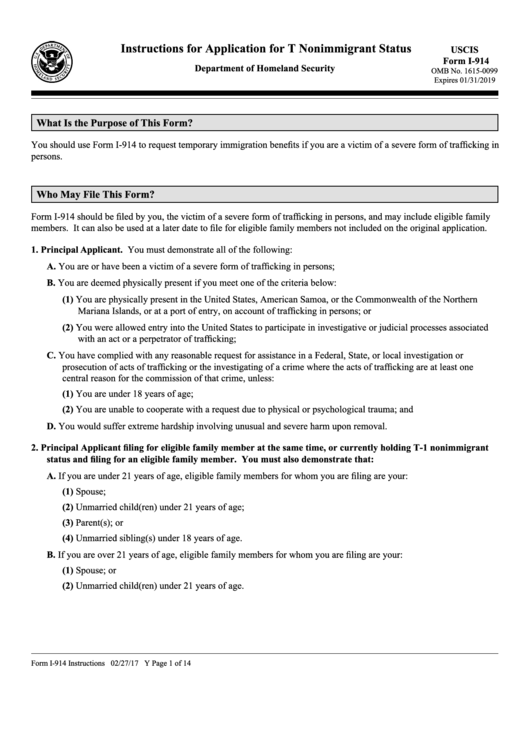 Form I-914 Instructions For Application For T Nonimmigrant Status Printable pdf