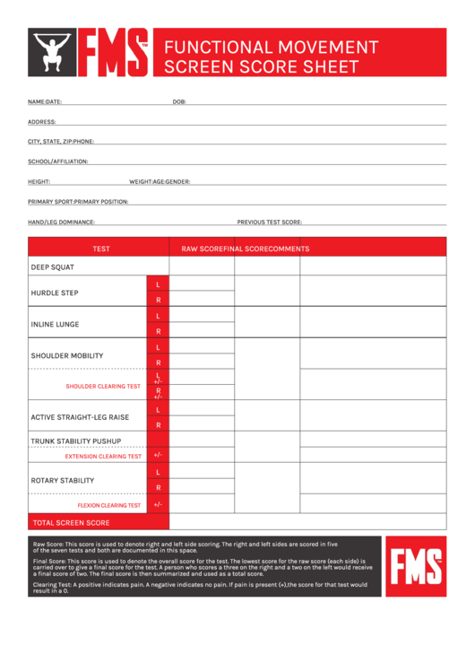 Functional Movement Screen Score Sheet Printable pdf