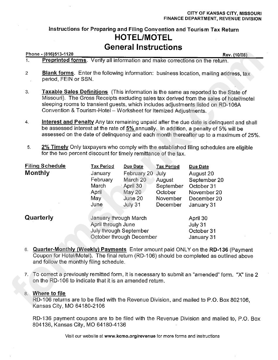 Form Rd106 - Instructions For Completing Hotel/motel Return - Rd-106a Worksheet Must Be Attached - Kansas City Revenue Division