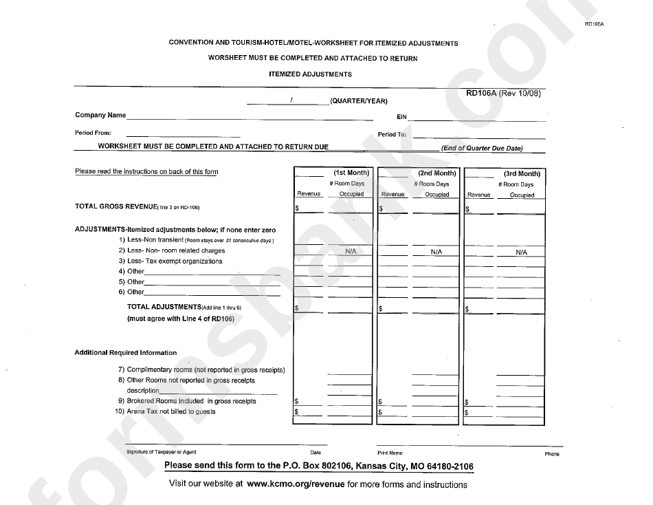Form Rd106 - Instructions For Completing Hotel/motel Return - Rd-106a Worksheet Must Be Attached - Kansas City Revenue Division