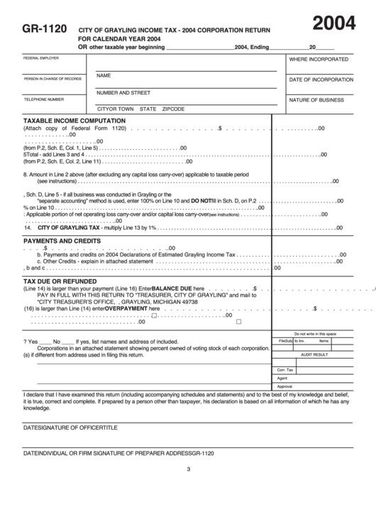 Form Gr-1120 - City Of Grayling Income Tax Corporation Return - 2004 Printable pdf
