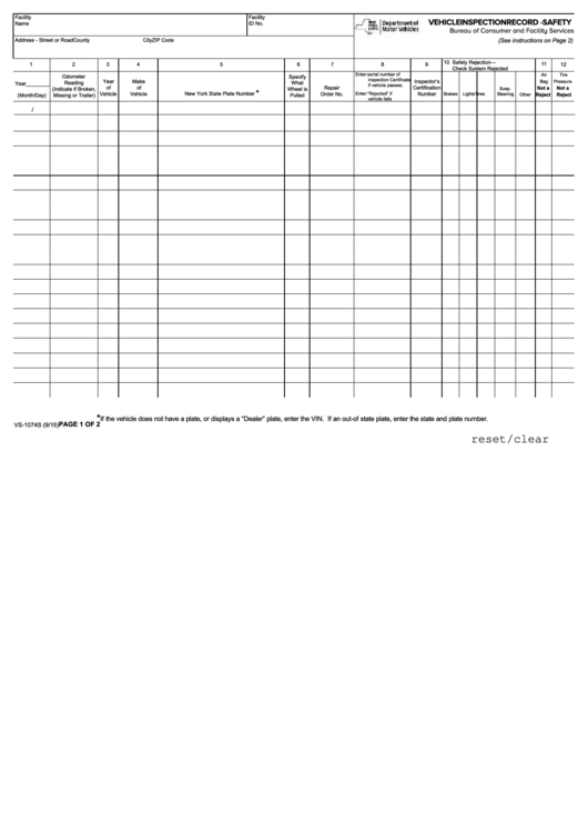 Fillable Form Vs-1074s - Vehicle Inspection Record-Safety Printable pdf