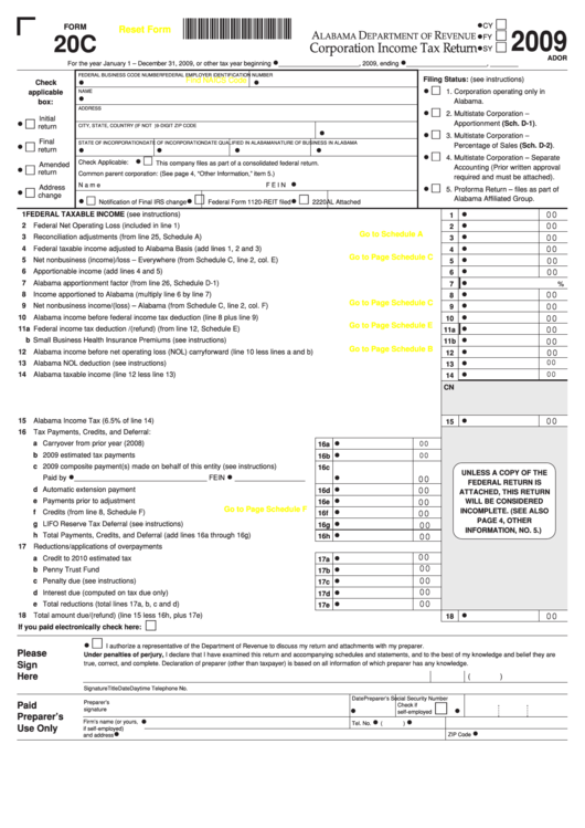 Fillable Form 20c - Corporation Income Tax Return - 2009 Printable pdf