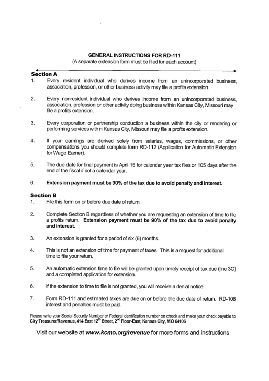General Instructions For Rd-111 - Kansas City, Missouri Printable pdf