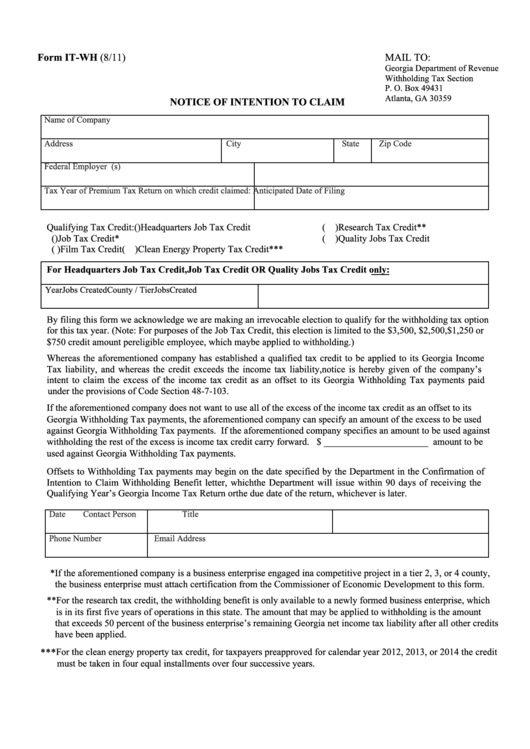 Fillable Form It-Wh - Notice Of Intention To Claim - 2011 Printable pdf