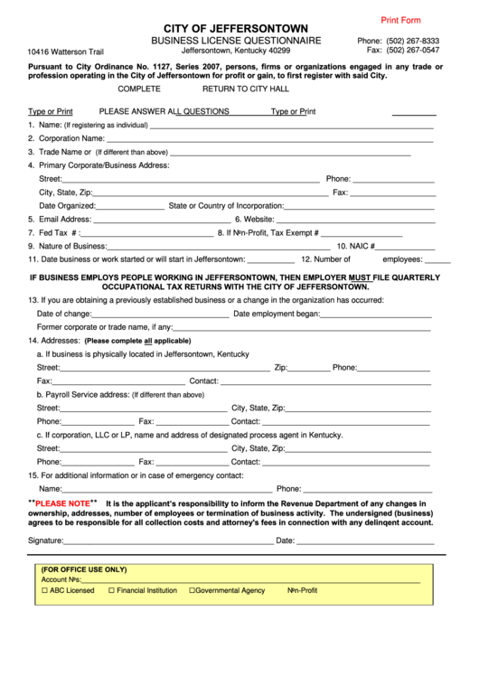 Fillable Business License Questionnaire - City Of Jeffersontown Revenue Department Printable pdf