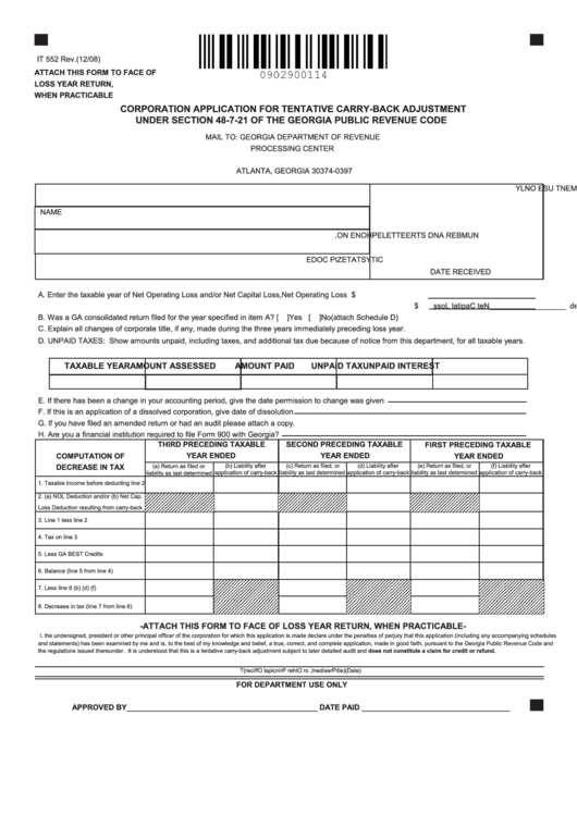 Form It 552 - Corporation Application For Tentative Carry-Back Adjustment Under Section 48-7-21 Of The Georgia Public Revenue Code - 2008 Printable pdf