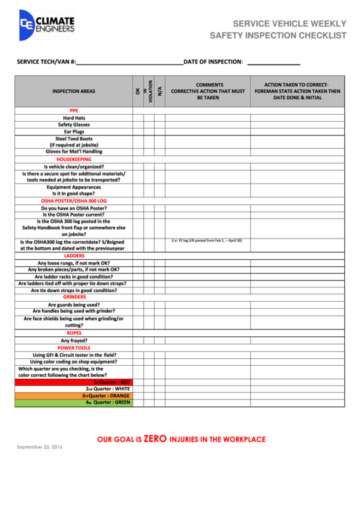 Service Vehicle Weekly Safety Inspection Checklist Printable pdf