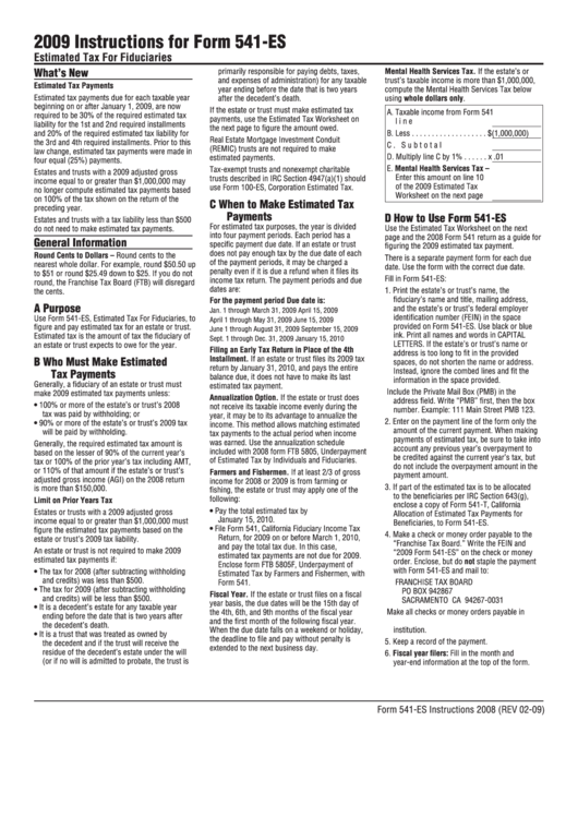 Fillable California Form 541-Es - Estimated Tax For Fiduciaries - 2009 Printable pdf