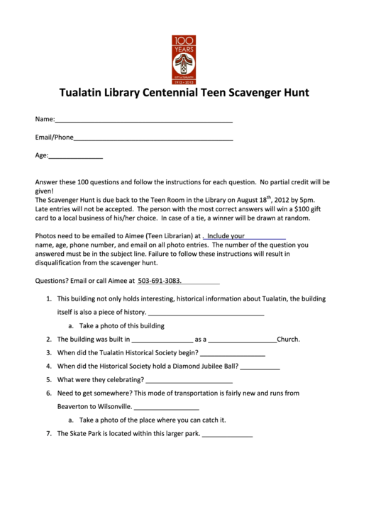 Tualatin Library Centennial Teen Scavenger Hunt Printable pdf