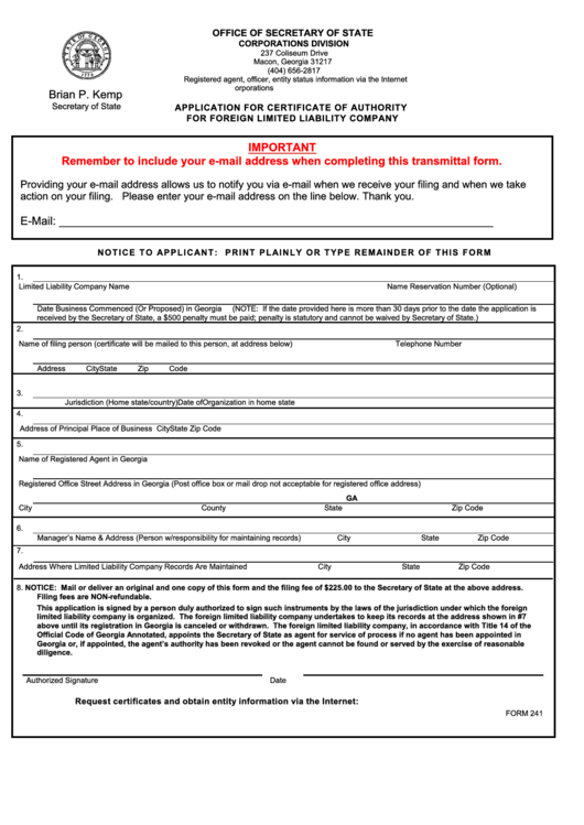 Fillable Form 241 - Application For Certificate Of Authority For Foreign Limited Liability Company Printable pdf