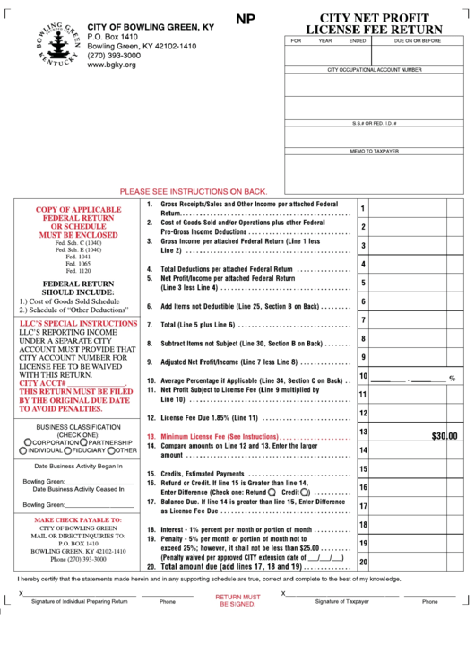 Fillable Form Np - City Net Profit License Fee Return - City Of Bowling Green, Ky Printable pdf
