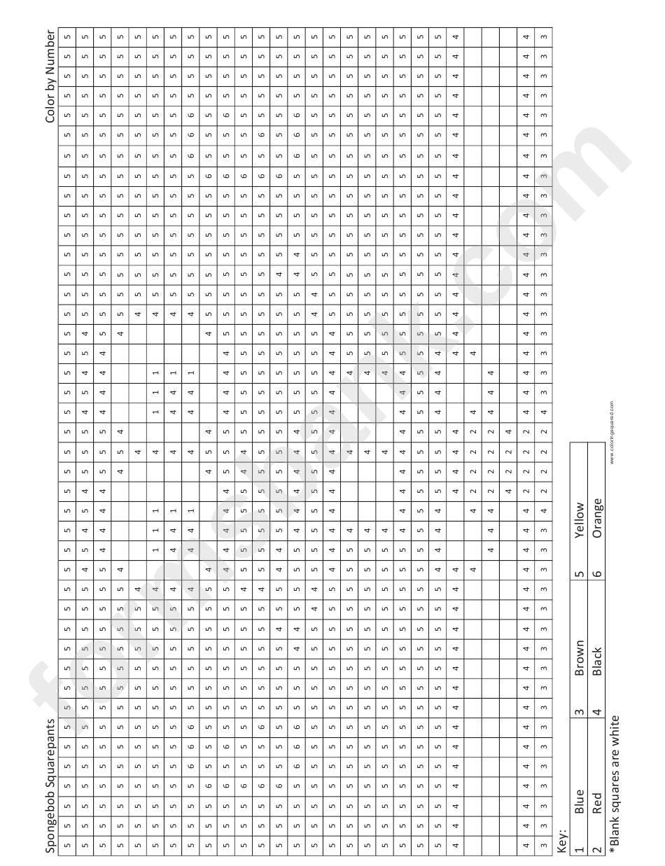 Sponge Bob Squarepants Coloring By Number Sheet printable pdf download