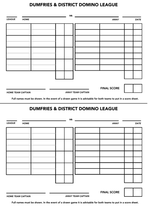 Dumfries & District Domino League Score Sheet Printable pdf