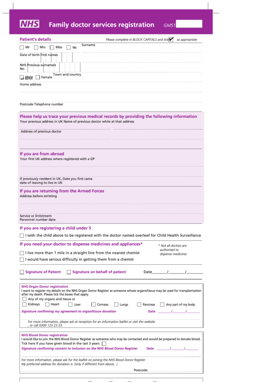 Family Doctor Services Registration - Nhs Form Printable pdf