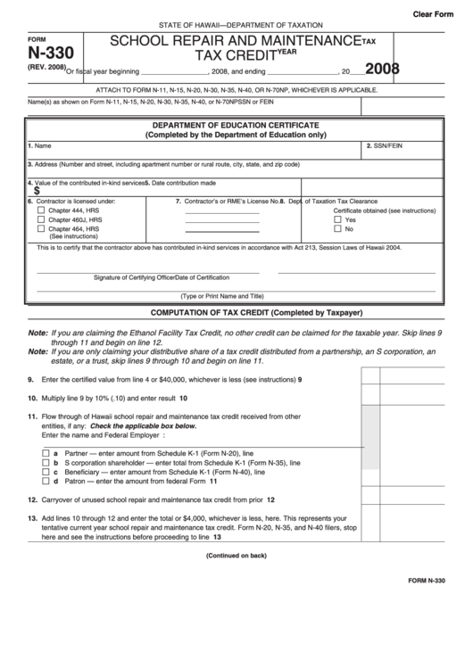 Form N-330 - School Repair And Maintenance Tax Credit - 2008 Printable pdf