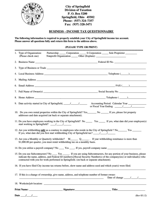 Business - Income Tax Questionnaire - City Of Springfield Division Of Taxation - 2012 Printable pdf