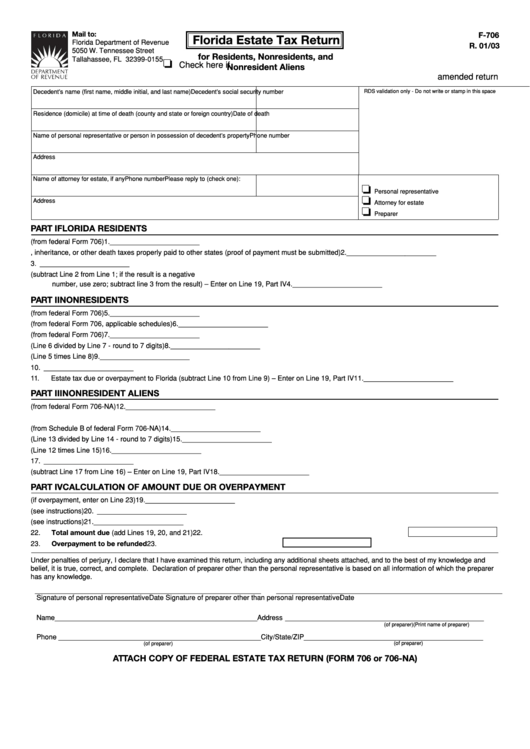 Form F-706 - Florida Estate Tax Return For Residents, Nonresidents, And Nonresident Aliens - Florida Department Of Revenue Printable pdf