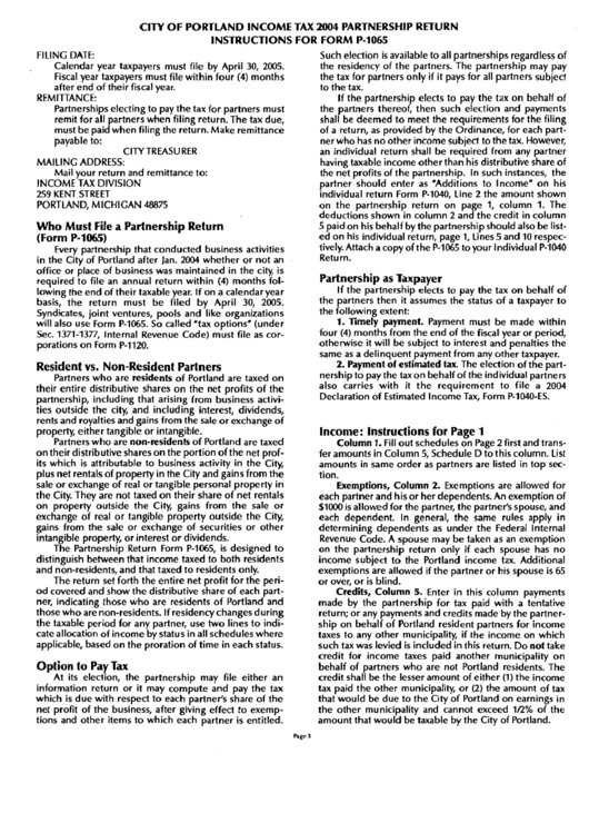 Instructions For Form P-1065 - City Of Portland Income Tax Partnership Return - 2004 Printable pdf