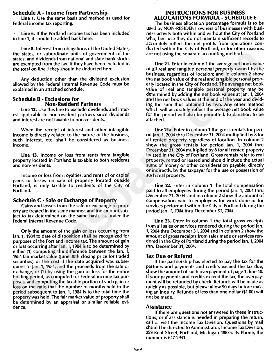 Instructions For Form P-1065 - City Of Portland Income Tax Partnership Return - 2004