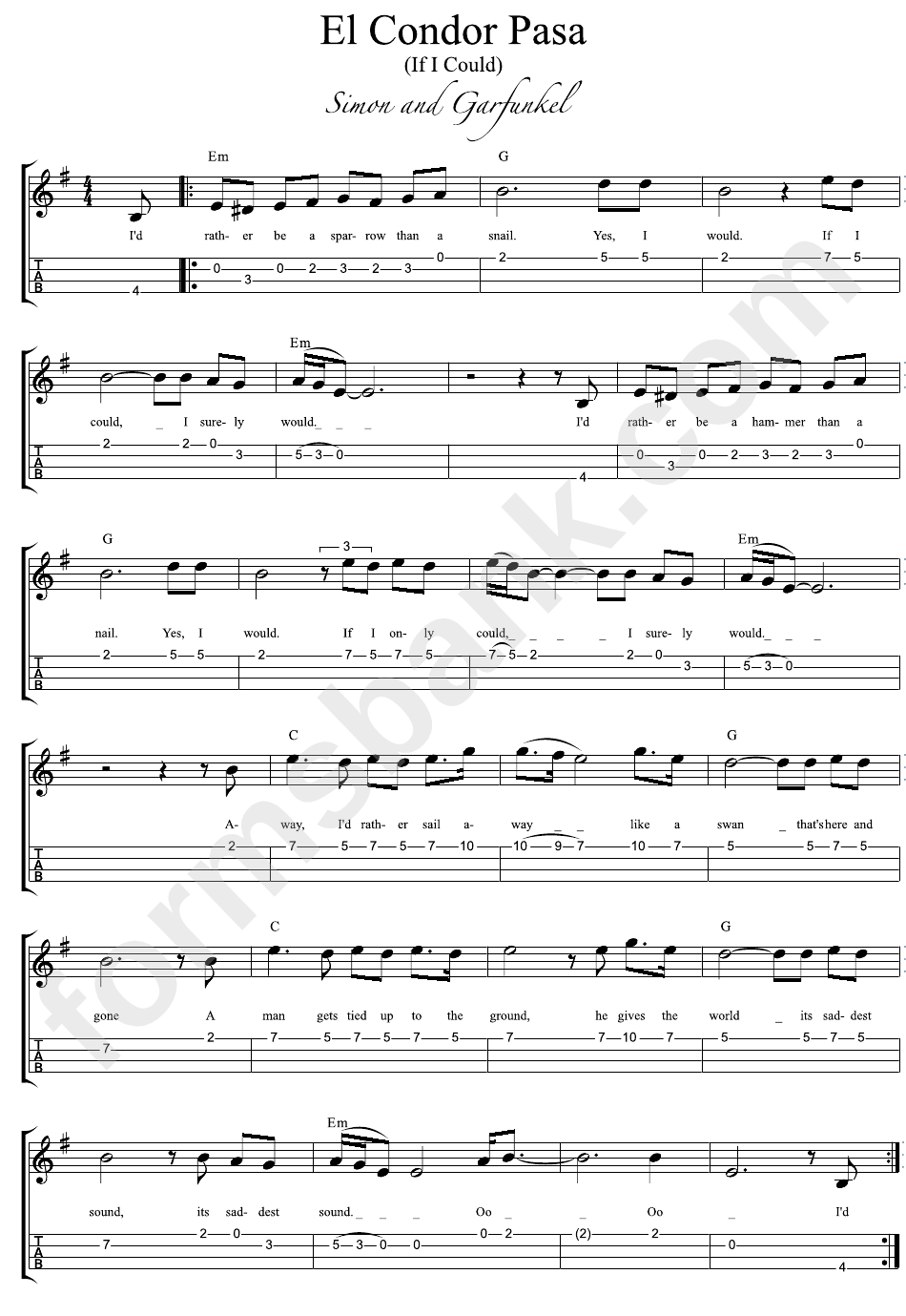 Simon And Garfunkel - El Condor Pasa (If I Could) Sheet Music printable ...