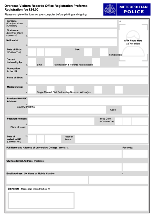 Fillable Overseas Visitors Records Office Registration Proforma - Metropolitan Poilice Printable pdf