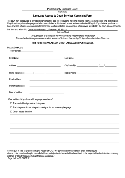 Fillable Language Access To Court Services Complaint Form - Pinal County Superior Court Printable pdf