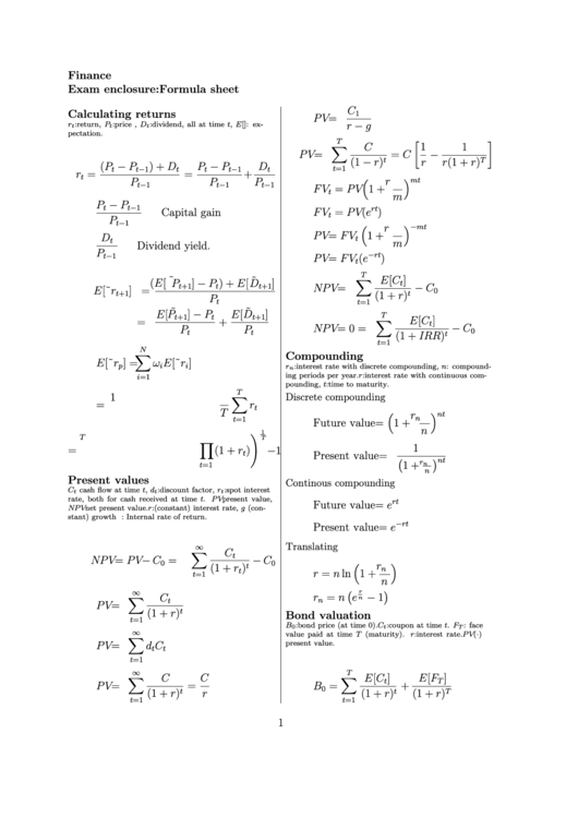 Finance Exam Enclosure: Formula Sheet Printable pdf
