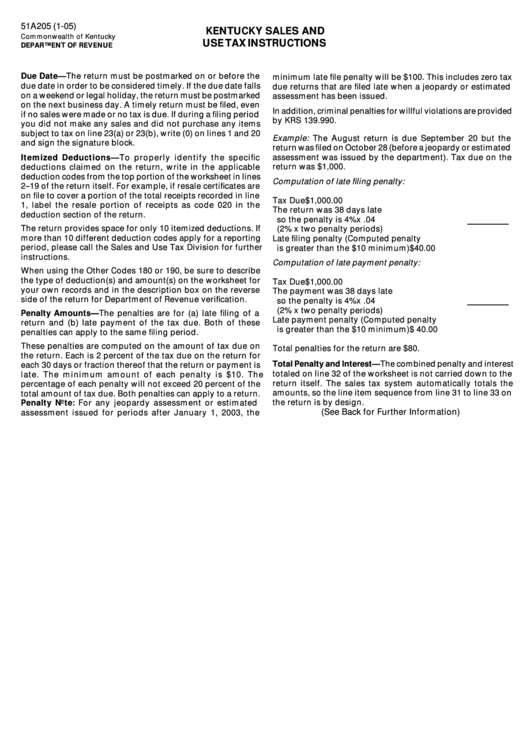 Form 51a205 Kentucky Sales And Use Tax Instructions Commonwealth Of 