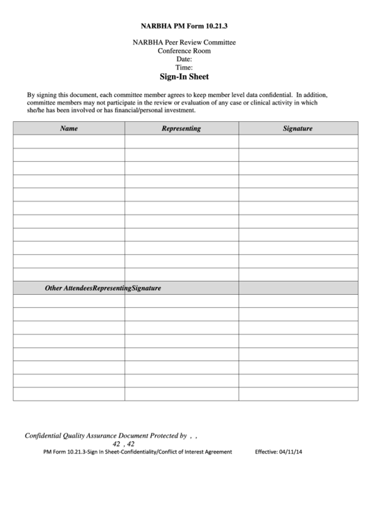 Narbha Peer Review Committee Sign-In Sheet Printable pdf