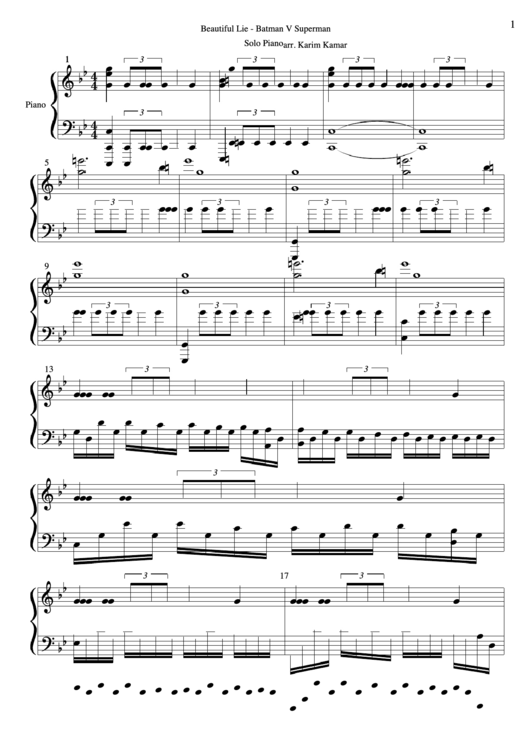 Beautiful Lie - Batman V Superman Soundtrack - Solo Piano Note Sheet Printable pdf