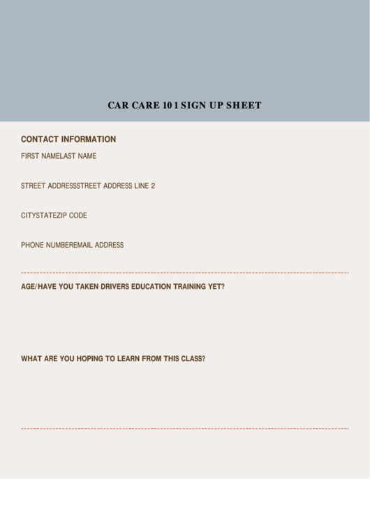 Fillable Car Care Class Sign Up Sheet Template Printable pdf