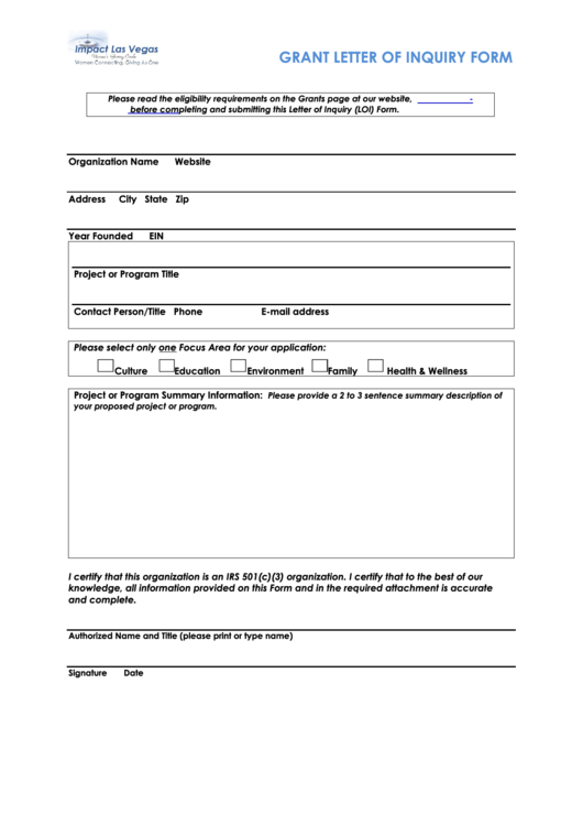 Fillable Grant Letter Of Inquiry Form Printable pdf