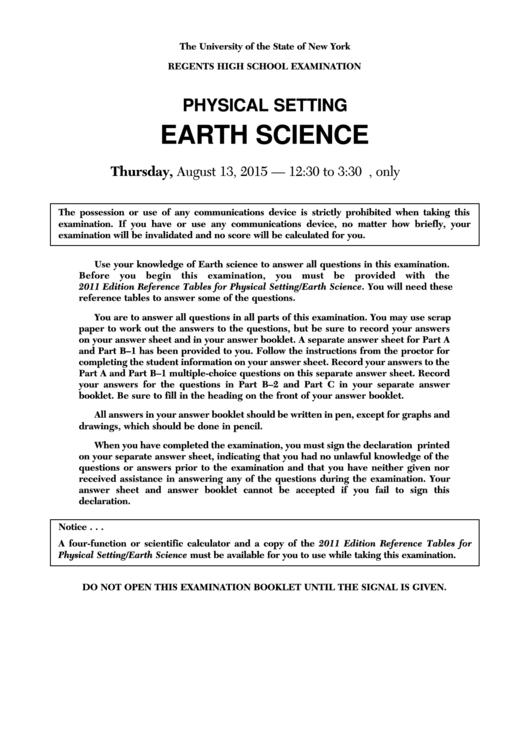 Physical Setting - Science Worksheet Printable pdf