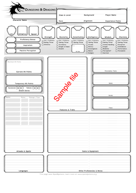 Sample Dyslexia Assitive Character Sheet Printable pdf
