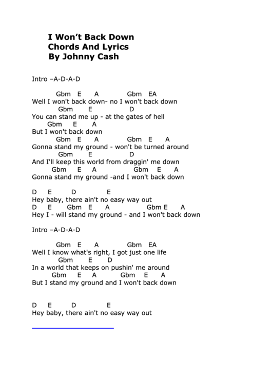 Johnny Cash - I Won't Back Down - Chords And Lyrics