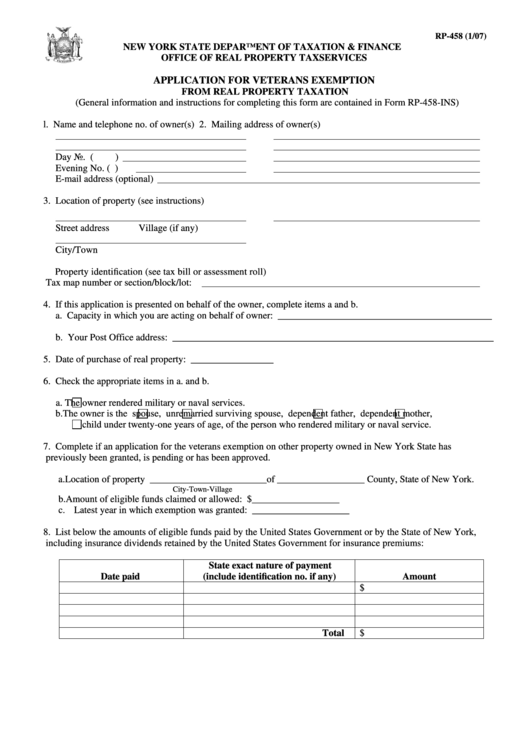 Fillable Form Rp-458 - Application For Veterans Exemption From Real Property Taxation - 2007 Printable pdf