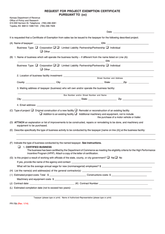 Form Pr-70b - Request For Project Exemption Certificate - Kansas ...