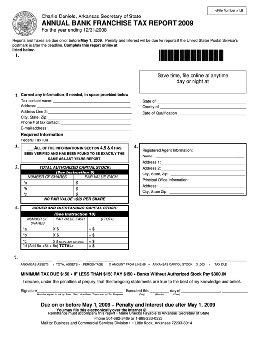 Annual Bank Franchise Tax Report - Arkansas Secretary Of State - 2009 Printable pdf