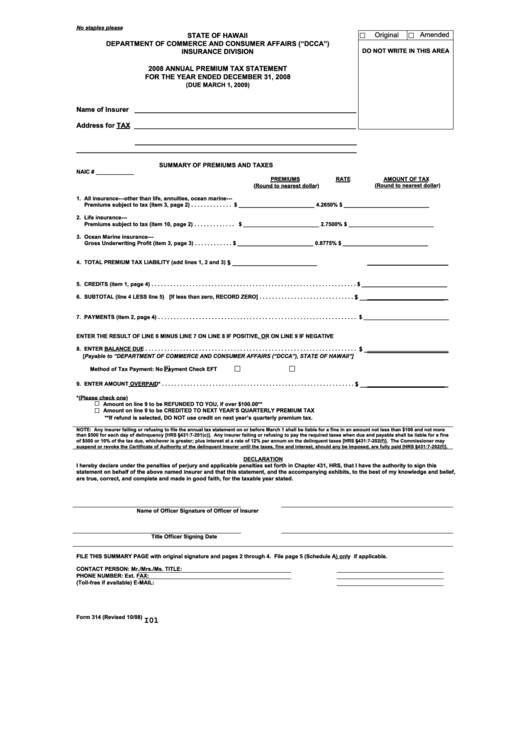 Form 314 - Annual Premium Tax Statement - Hawaii Department Of Commerce - 2008