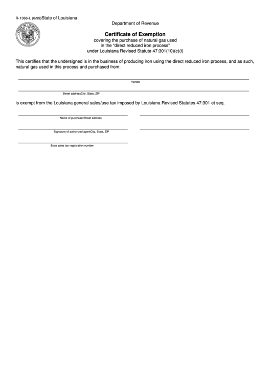 Fillable Form R-1366-L - Certificate Of Exemption Printable pdf