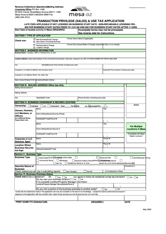 Transaction Privilege (Sales) And Use Tax Application - City Of Mesa Revenue Collections Operations - 2009 Printable pdf