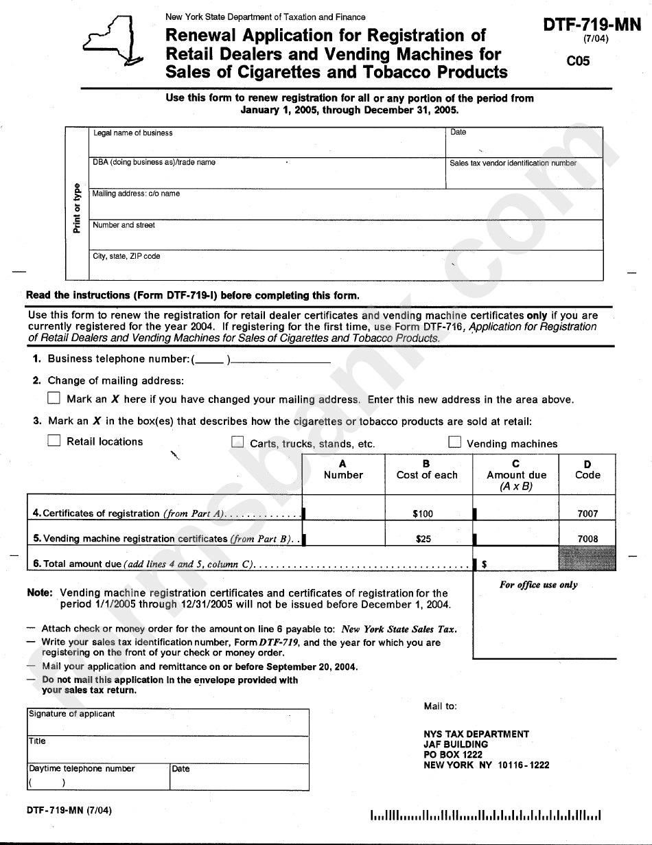 Form Dtf-719-Mn - Renewal Application For Registration Of Retail Dealers And Vending Machines For Sales Of Cigarettes And Tobacco Products - Nys Dept.of Taxation