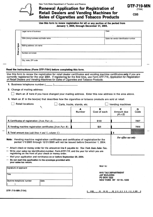 Form Dtf-719-Mn - Renewal Application For Registration Of Retail Dealers And Vending Machines For Sales Of Cigarettes And Tobacco Products - Nys Dept.of Taxation Printable pdf