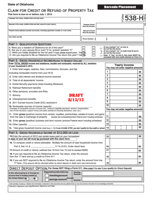 Form 538-H Draft - Claim For Credit Or Refund Of Property Tax - 2012 Printable pdf