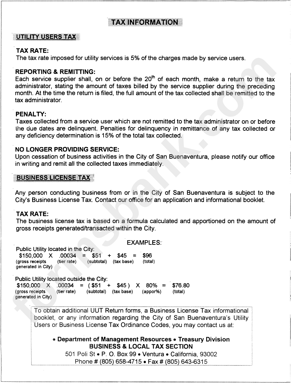 Information For Business License Tax - City Of San Buenaventura - Department Of Management Resources - Treasury Division - Business & Local Tax Section