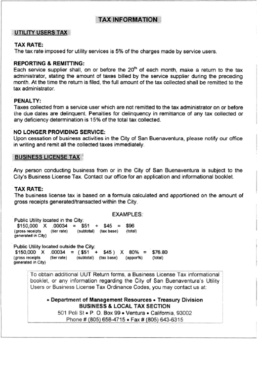 Information For Business License Tax - City Of San Buenaventura - Department Of Management Resources - Treasury Division - Business & Local Tax Section Printable pdf