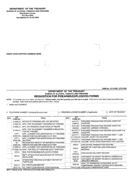 Requisition For Firearms/explosivies Forms - Virginia Department Of The Treasury Printable pdf