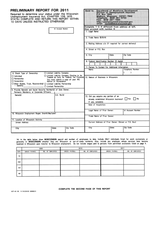 Form Uct-43 - Preliminary Report - 2011 Printable pdf